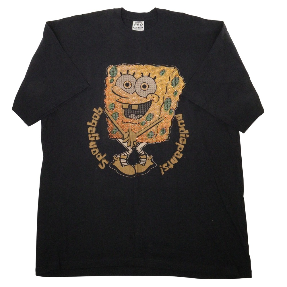 Vintage Y2K SpongeBob Graphic Rhinestone Heavyweight Black Cotton Men 3XLT EUC